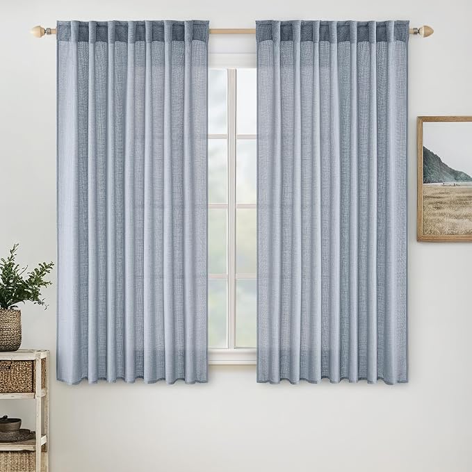 MIULEE Chambray Blue Linen Curtains 52x63 Inch Long by MIULEE