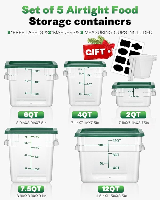 4QT NSF Food Storage Containers with Lids: 4 PCS [Total Food Grade][Hot&Cold Resistant] Commercial Clear Food Storage Containers for Restaurant Kitchen Proof Dough, Measuring Spoons Included(Green)