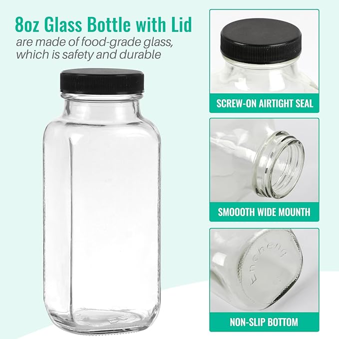 8 oz Glass Juice Bottles with Lids 3 Pack,Reusable Glass Drink Bottles,250ml Water Drinking Jars for Milk,Juicing,Kombucha,Ginger,Beverage Glassware,Juice Drinking Jars