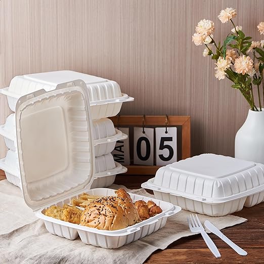 FULING 9X9 3 Compartment 50-Pack Plastic Clamshell Take Out Food Containers, Heavy Duty Disposable To-go Box For Cake, Sandwich, Salad, Dessert
