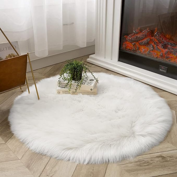 Latepis White Round Rugs 4ft Fuzzy Washable Rug Faux Sheepskin Fur Rug - Image 2