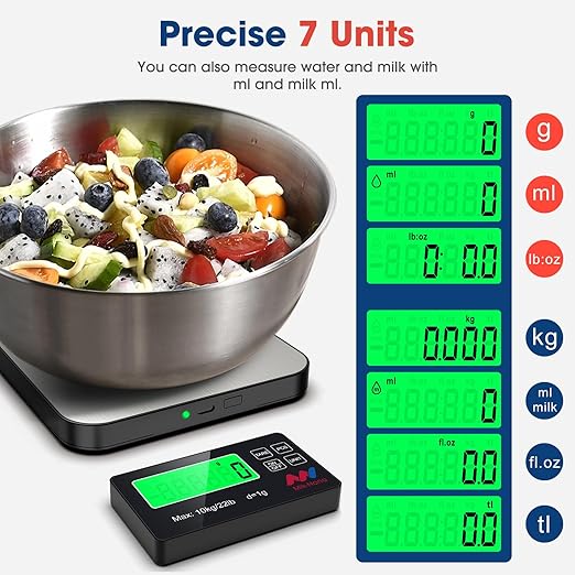 Mik-Nana Food Scale, 22lb Digital Kitchen Scale with 7 Units Wireless LCD Display & Tare Function, Stainless Steel Weight Grams and Ounces for Baking, Cooking and Meal Prep (Batteries Included)