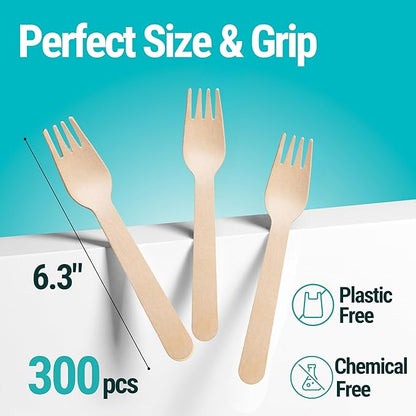 Disposable Wooden Forks For Eating - 300pcs - Heavy Duty & Sharp - Our Guilt-Free FSC Certified Wood Protects Forests - A Great Alternative to Bamboo Forks Disposable