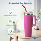 Repeatable Metal Straw with Silicone Tips for 30 oz Stanley Tumbler, 2 Pcs 30 oz Stainless Steel Straws Replacement for Stanley Tumbler, 1 Straw Brush, BPA Free（Fuchsia Red）