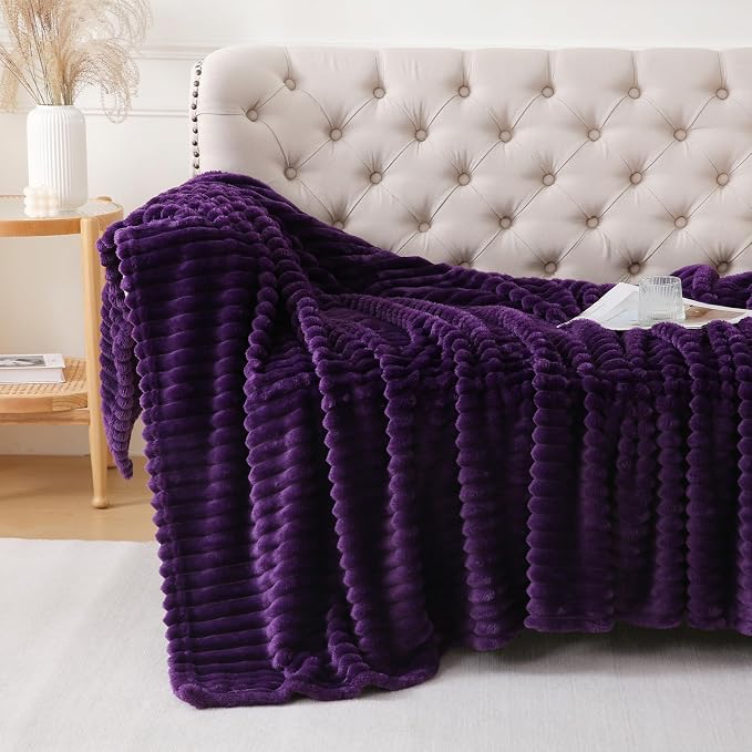 Deep Purple Throw Blanket for Couch Sofa 60x80 inches Striped Design | Fleece - Image 2