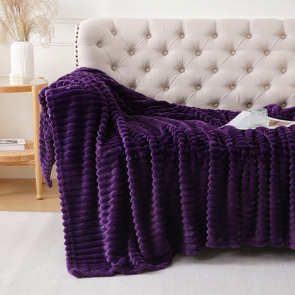 Deep Purple Throw Blanket for Couch Sofa 90x90 inches Striped Design | Fleece - Image 3