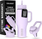 Coldest 40 oz Tumbler with Handle and Straw - 100% Leak Proof Insulated Tumbler with Lid and Straw (3 Lids) - Stainless Steel Tumblers for Women & Men - Cup Holder Friendly Base, 36 oz (Lilac Blue)