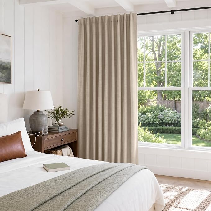 Linen Textured Total Blackout Sliding Door Curtains 96 Inches Long, Oatmeal | - Image 5