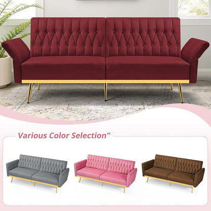 70” Velvet Futon Sofa Bed with 2 Pillows and Adjustable Armrests, Convertible - Image 7