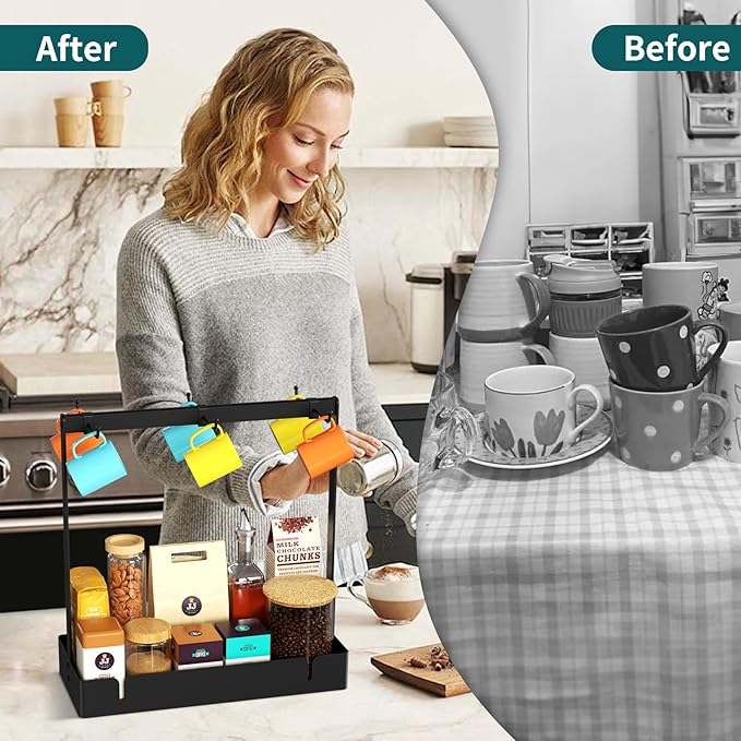 Coffee Mug Holder with Movable Hooks, 6-Mug Capacity Countertop Coffee Cup Rack with Storage Base