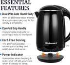 Elite Gourmet EKT1821 1.8L Double Wall Insulated, Cool-Touch 1500W Kettle w/Stainless Steel Interior & Lid, 360° Swivel Base for Cord Free Serving, Power On Lever, Auto Shut-Off, Boil Dry, Black