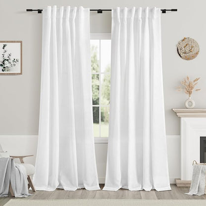 White Linen Curtains 84 Inch Length 2 Panels Back Tab Rod Pocket Semi Sheer by Nanspring