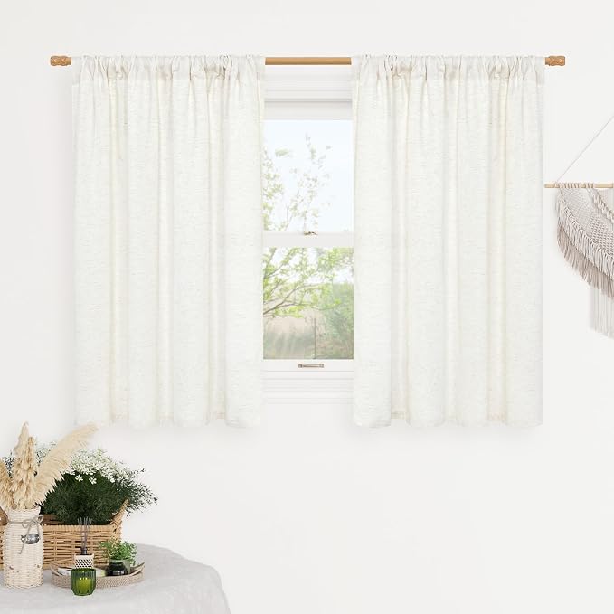 Natural Linen Curtains for Kitchen Windows Over Sink, 42 x 48 Inch | Faux Linen by LAMIT