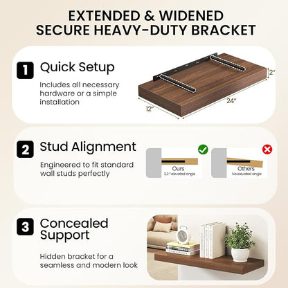 32Inch Walnut Floating Shelves for Wall, 12 Inch Deep Shelves for Bedroom - Image 6