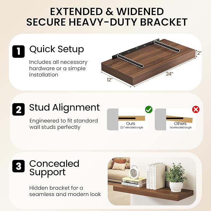 40Inch Walnut Floating Shelves for Wall, 12 Inch Deep Shelves for Bedroom - Image 6