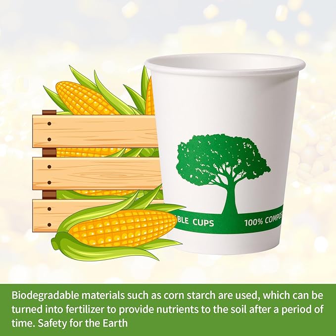 Vplus 400 Pack Compostable Paper Cups, 8 oz Paper Coffee Cups, Biodegradable Disposable Paper Cups, Eco-friendly Hot Drinking Cups for Party, Picnic,and Events