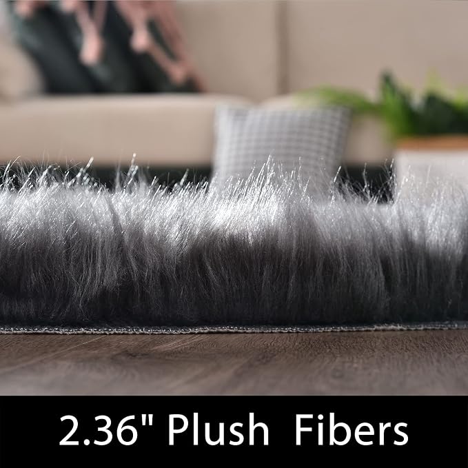 Latepis Dark Grey Round Rug 3ft Faux Fur Circle Rug Fluffy Furry Fuzzy Rug - Image 2