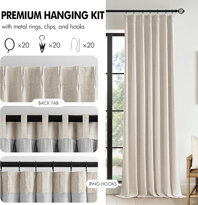 MIULEE Beige Pinch Pleated 100% Blackout Linen Curtains 40x102 Inches | Room - Image 8