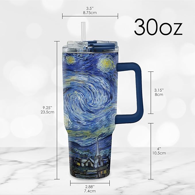RainCaper 18/8 Stainless Steel Insulated Water Tumbler with Straw | 30oz, BPA-Free, Double Wall for Hot & Cold | Travel-Friendly, Cup Holder Ready (van Gogh Starry Night)