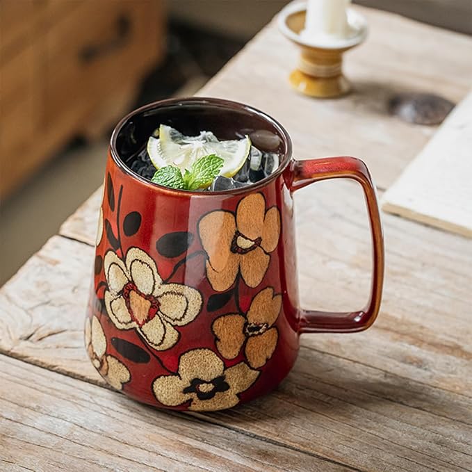 Large 24 oz Ceramic Coffee Mug with Large Handle, Vintage Floral Coffee Cup, Extra Big Tea Cup for Office and Home, Dishwasher and Microwave Safe, Red