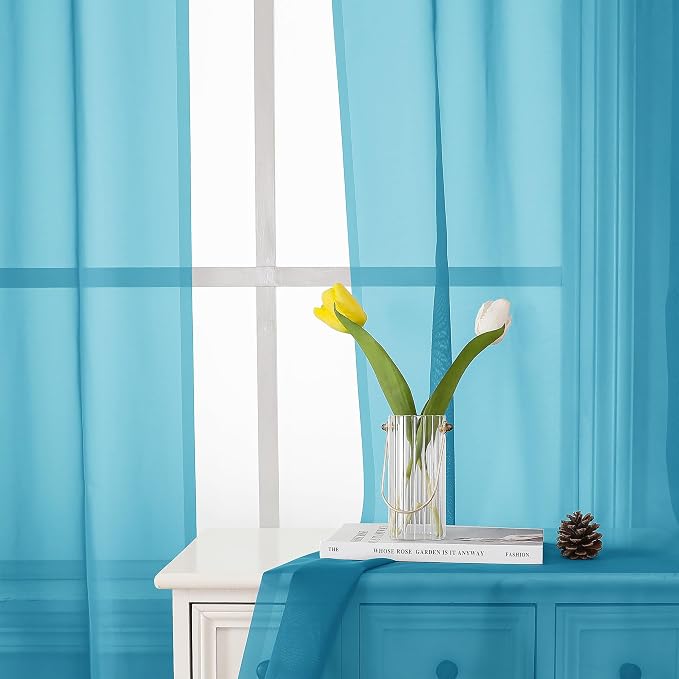 Turquoise Sheer Curtains 54 Inch Length 2 Panels, Light Filtering Voile Curtain - Image 8