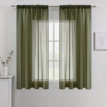 MIULEE Semi Transparent Olive Green Linen Textured Sheer Curtains 42W×63L | by MIULEE