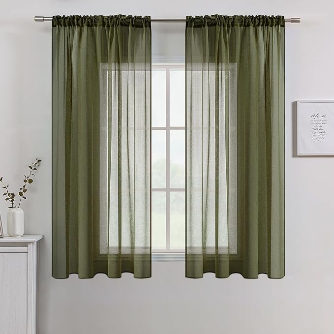 MIULEE Olive Green Linen Textured Semi-Sheer Curtains 42W×45L Kitchen | Semi by MIULEE