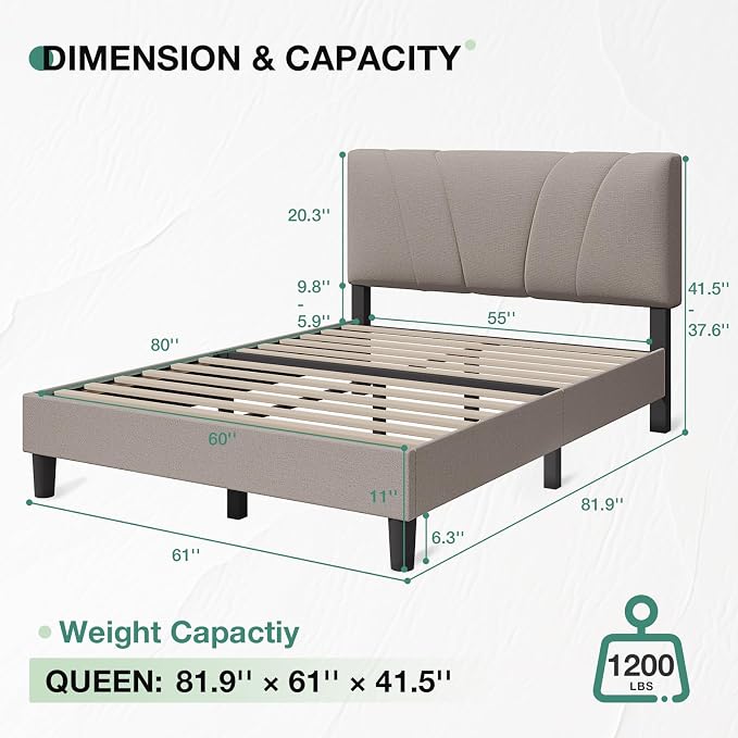 Novilla Queen Bed Frame with Headboard, Bed Frame Queen Size with Wood Slats - Image 2