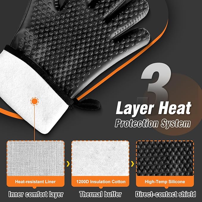 Walfos Silicone BBQ Gloves - Heat Resistant Grilling Gloves, Premium Non-Slip Kitchen Silicone Oven Mitt With Protective Cotton Layer Inside, Waterproof, Great for Grilling, Kitchen and Cooking, Black