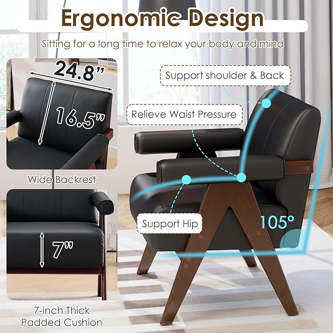 STHOUYN Black Leather Accent Chairs, Mid Century Modern Chair, Side Arm Chairs - Image 6