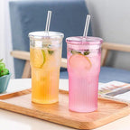 Glass Coffee Cups with Lids and Straws, 20 OZ Pink Iced Water Glasses Tumblers for Ice Juice, Tea, Milk, Smoothie and Cold or Hot Drinks, Set of 2