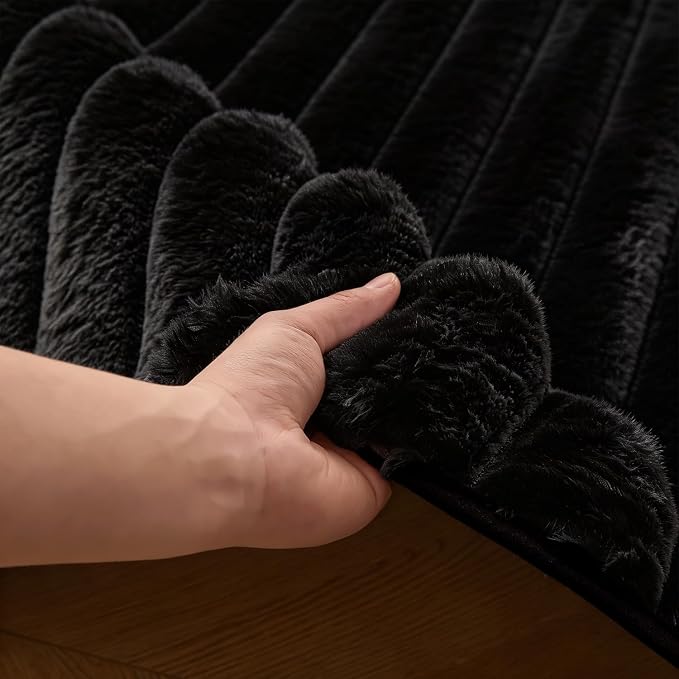 Black Rabbit Striped Plush Rug 5'x8', Fluffy Shaggy Area Rug - Image 7