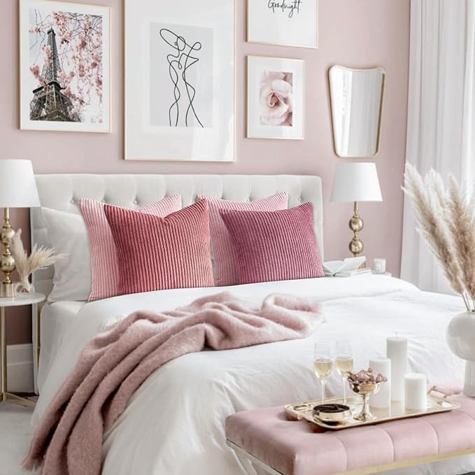 Topfinel Pink Throw Pillows Covers 18x18 Inch Set of 4, Farmhouse Corduroy - Image 6