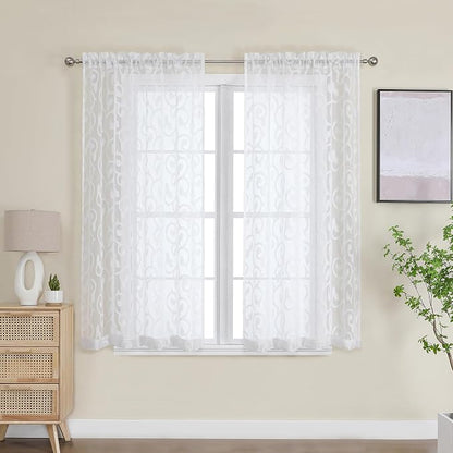 Furman Sheer White Curtains 45 Inch Length 2 Panels Set, Airy Jacquard Clip - Image 2