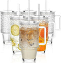 KEMORELA 6-Pack 24oz Glass Tumblers with Straws & Lids, Begonia Floral Iced Coffee Cups with Handles, Reusable Smoothie Glasses, Dishwasher Safe Cold Drinkware Set, BPA-Free Straws Included
