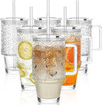 KEMORELA 6-Pack 24oz Glass Tumblers with Straws & Lids, Begonia Floral Iced Coffee Cups with Handles, Reusable Smoothie Glasses, Dishwasher Safe Cold Drinkware Set, BPA-Free Straws Included