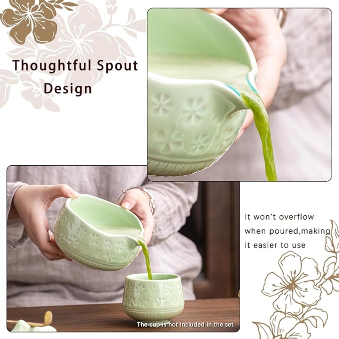 Matcha Whisk Set, Ceramic Matcha Set Includes Matcha Bowl, Matcha Whisk and Holder, Bamboo Scoop, Scoop Rest, Sifter and Tea Towel - 7 Pcs Matcha Kit for Matcha Lovers (Green)