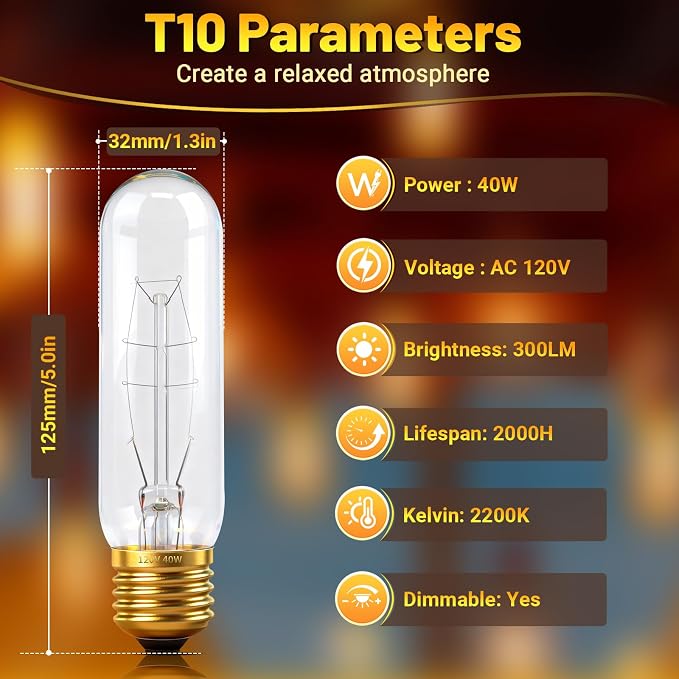 T10 Tubular Light Bulbs 40 Watt Incandescent Light Bulb, T10 Bulb, 120V 40W - Image 6