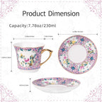 KAMMAK Tea Cups and Saucers Set of 2, Porcelain Coffee Cups with Saucer for Espresso, Cappuccino, 8oz Vintage Pink and Blue Ceramic Demitasse Mug for Home, Tea Party, Office