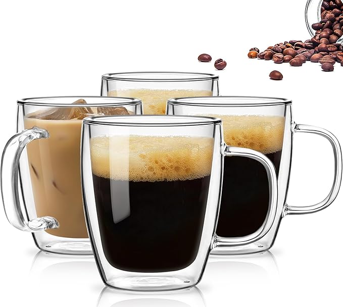 OJA Double Walled Glass Coffee Mugs Set of 4 12oz Hand Blown Clear Coffee Cup with Handle for Cappuccino, Tea Cups, Latte Espresso American Insulated, Heat Resistant Borosilicate Glass