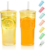 20 OZ Glass Cup with Lids and Glass Straws, High Borosilicate Iced Coffee Glass Tumblers with Lid and Straw for Drinks, 2pcs Reusable Wide Mouth Smoothie Cup(Yellow)