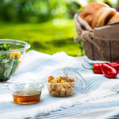 Portion Cups with Lids (3.25 Ounces, 200 Pack) | Disposable Plastic Cups for Meal Prep, Portion Control, Salad Dressing, & Medicine | Small Plastic Condiment Container