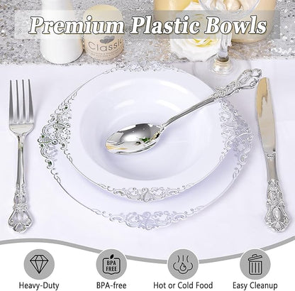 100PCS Silver Plastic Bowls - 12 oz Silver Disposable Salad Bowls - Heavy Duty Disposable Soup Bowl - Fancy Plastic Ice Cream Bowl for Weddings Parties Dinners Picnics