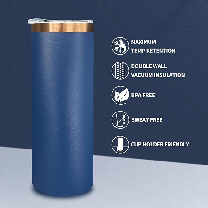 20 oz Skinny Tumblers Bulk, Stainless Steel Insulated Tumbler with Lids and Straws, Slim Double Wall Powder Coated Travel Coffee Mugs, Reusable Cup for Hot and Cold Drinks (Navy,1 pack)