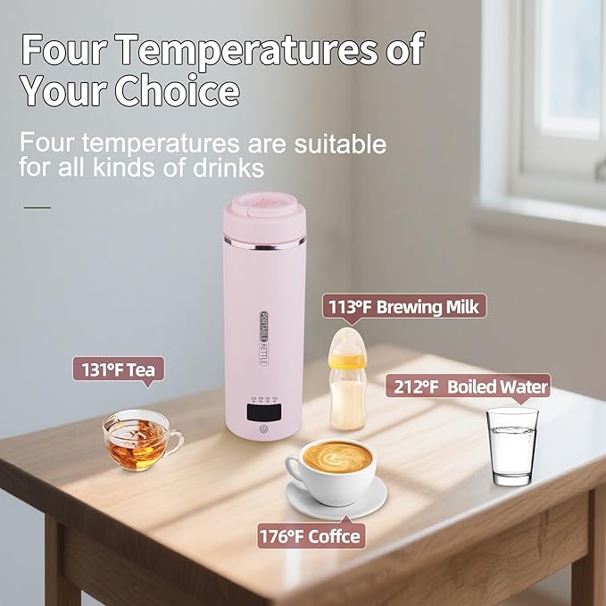 Travel Kettle Portable Electric Kettle with Plug-in Boiling & Keeps Warm via USB, Portable Water Boiler with 4 Temperature Settings, 304 Stainless Steel with Auto Shut-off 16oz(Pink)