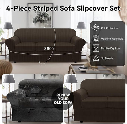 100% WaterproofCouch Cover 4-Piece Set Striped Sofa Slipcovers - Image 6