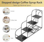 Syrup Rack for Coffee Bar Accessories, Iron 4 Compartment Bottle Organizer, Countertop Display Storage Shelf Bottle Stand, Metal Coffee Bar Organizer for Wine, Kitchen, Holds 4 Bottles