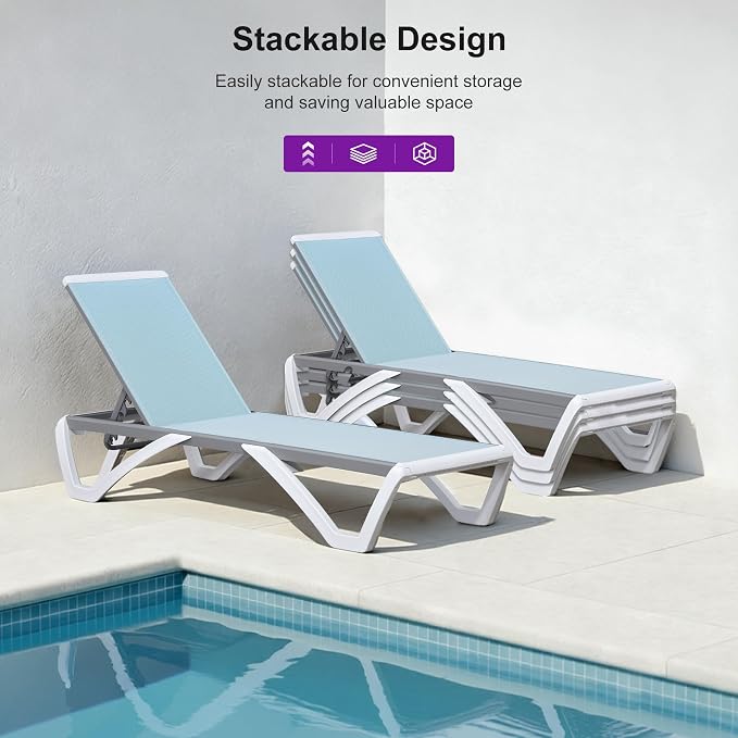 PURPLE LEAF Patio Chaise Lounge Chair Set of 3 Outside Aluminum Plastic - Image 4