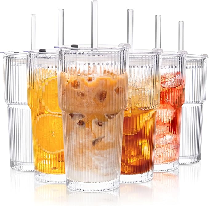 KEMORELA 6-Pack Ribbed Glass Tumblers with Lids & Straws – Vintage Style Iced Coffee Cups, Durable Smoothie & Cocktail Drinking Glasses, Reusable Clear Glassware for Home, Cafe, Office (6)