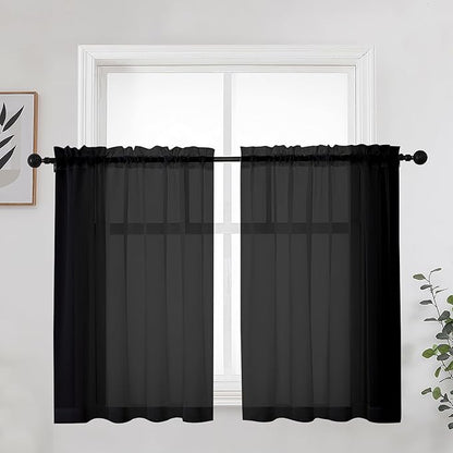 Short Black Sheer Curtains 36 Inches 2 Panels Set by OWENIE